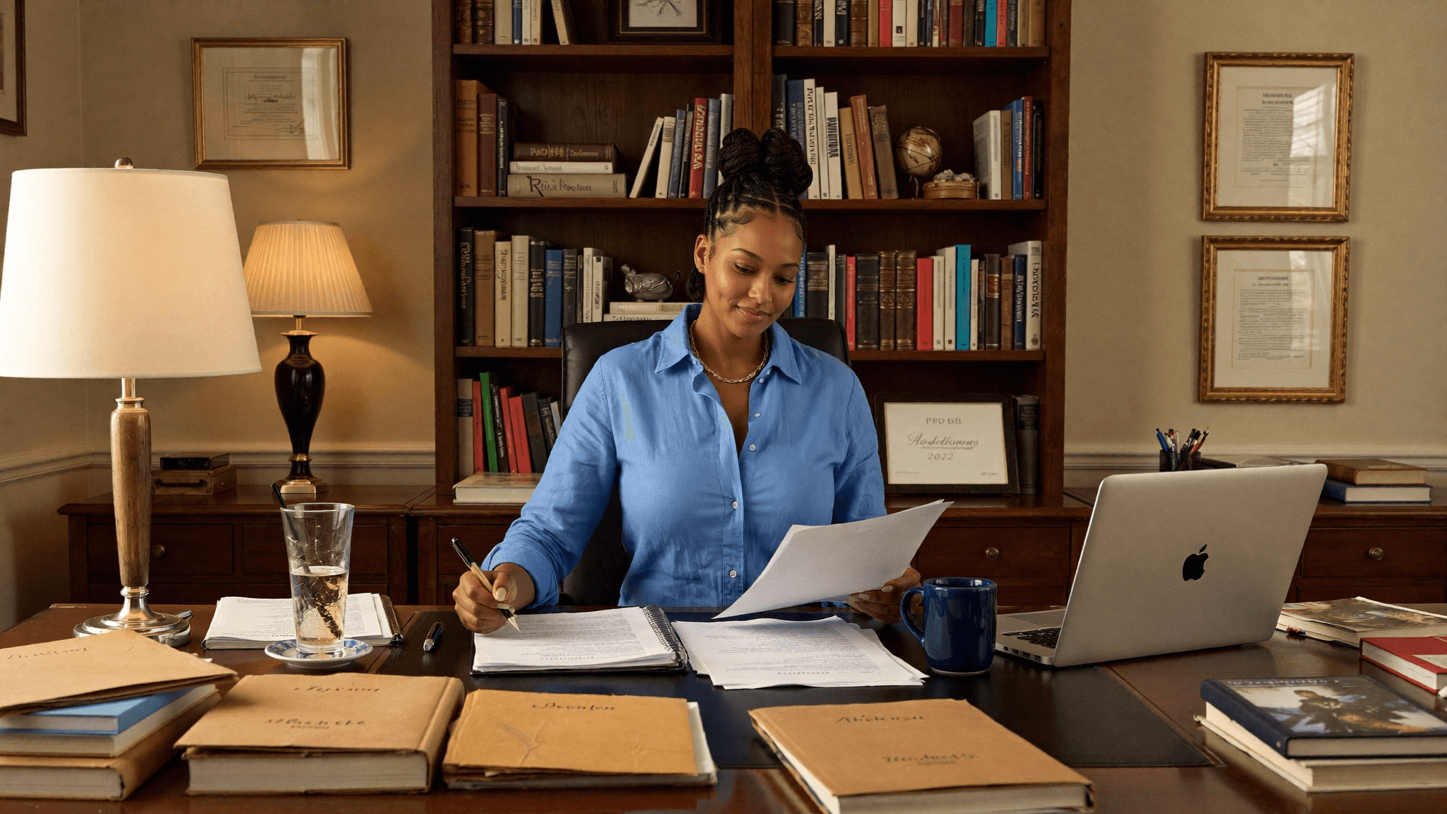 A female African professor, reviews documents at her office desk. 