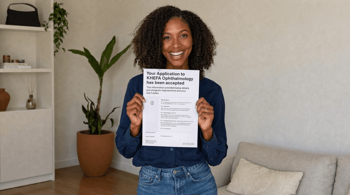 A woman beams as she proudly displays an acceptance letter to the Kunle Hassan Eye Foundation Academy.