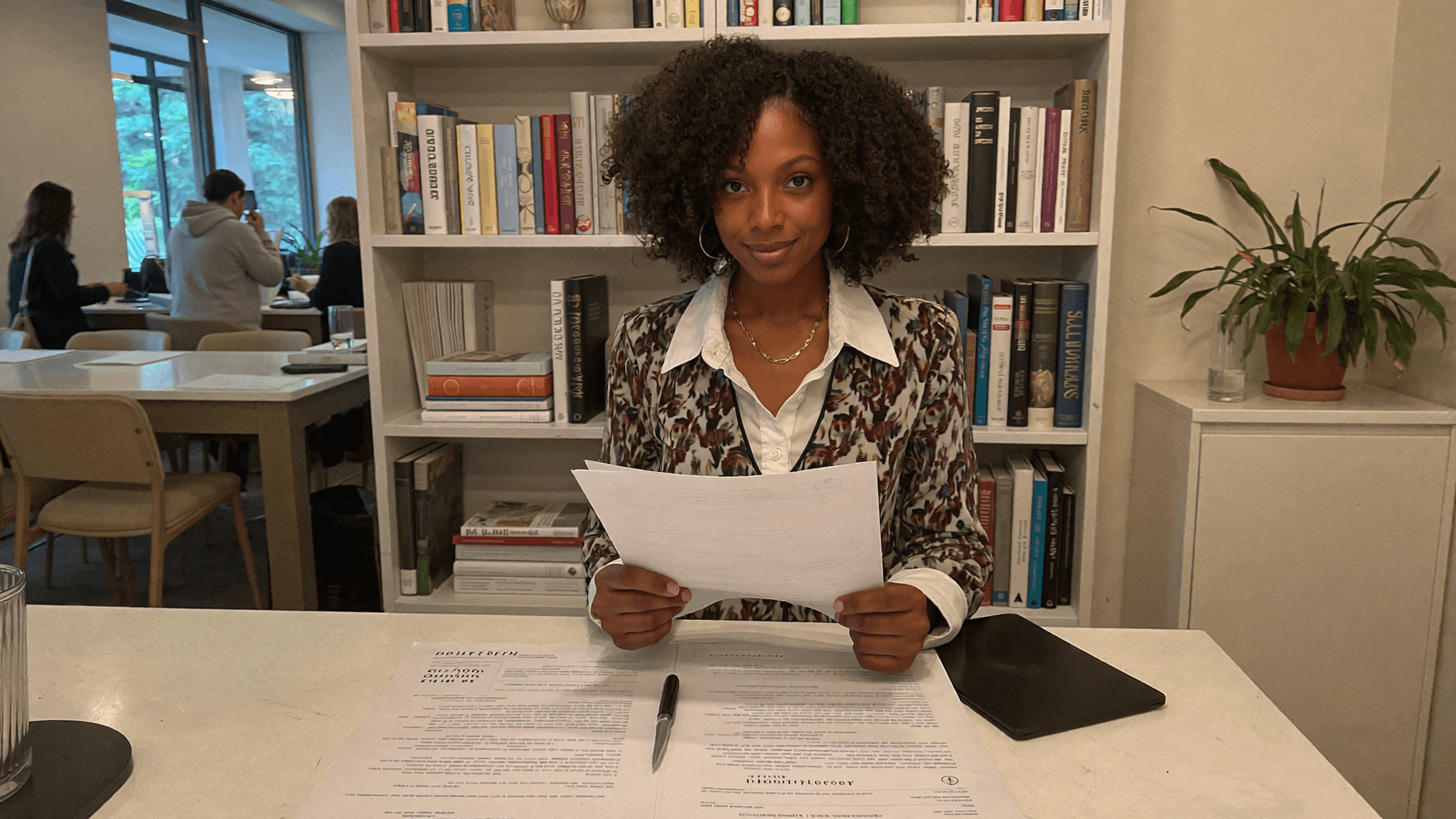 a woman is sat at a desk in a library reviewing several documents laid out in front of her. 