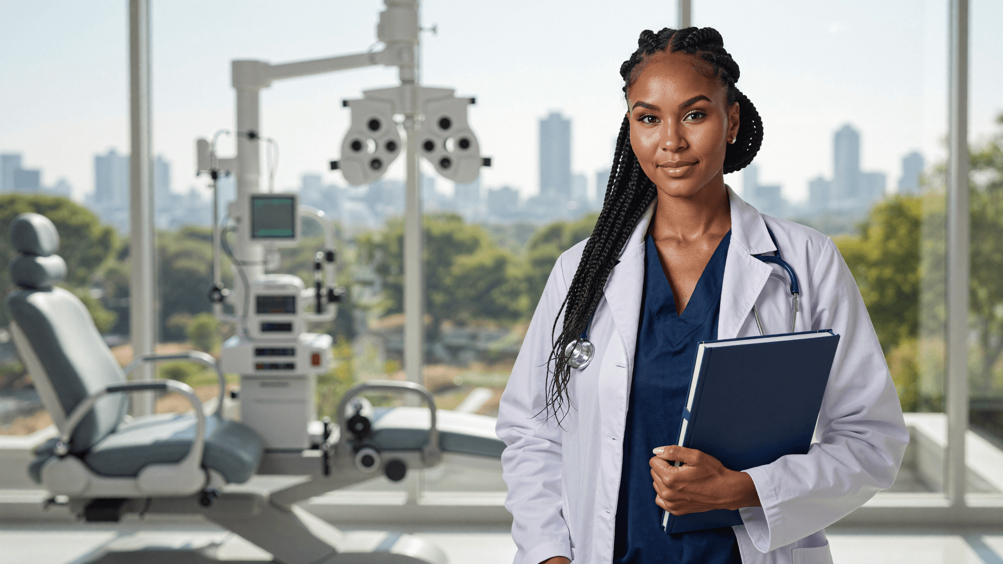 A female medical student poses confidently dressed in a white doctor's coat over royal blue scrubs
