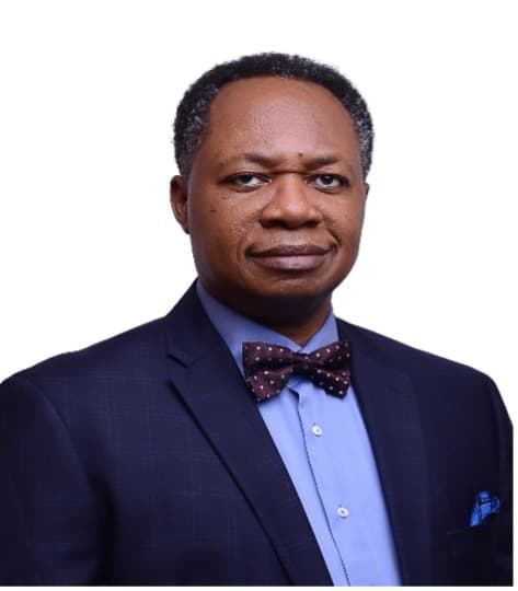Professional Portrait of Professor Ogugua Okonkwo dressed in a navy  blue suit jacket, light blue Dress Shirt, and a red polka dot bow tie.