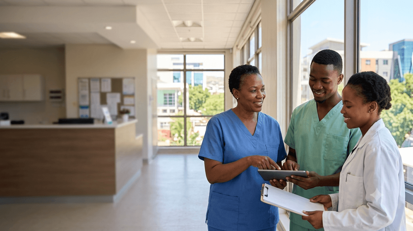 A group of friendly medical staff going over medical charts together.